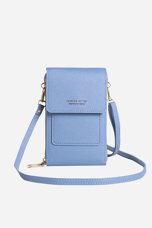 Light blue anti-theft travel crossbody phone pouch made of durable PU leather with adjustable strap and secure design
