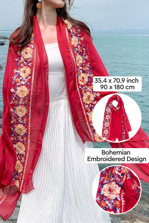 Red embroidered travel-must shawl with bohemian floral design, lightweight and versatile wrap measuring 35.4 x 70.9 inches, perfect for sun protection and multiple wear styles.