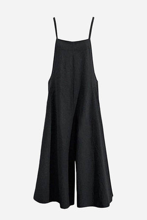 Black cotton blend comfort jumpsuit with wide-leg design and adjustable straps