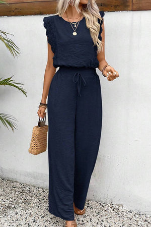 Elegant two-piece set with lace detail in black, featuring a sleeveless ruffle top and wide-leg pants.