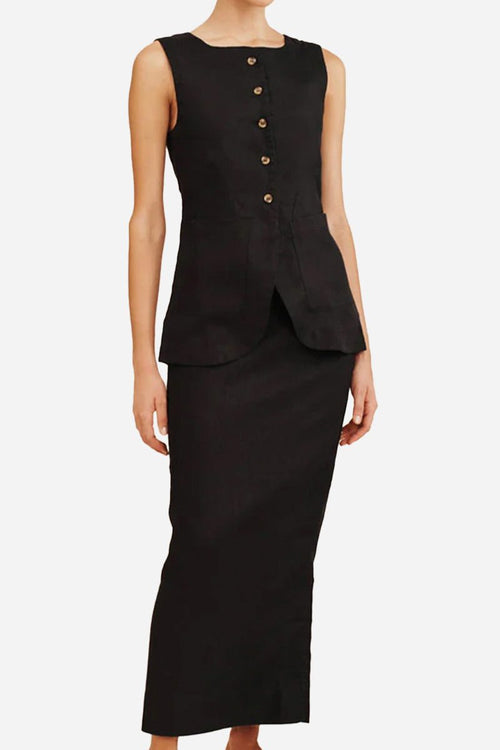 Black cotton-linen blend sleeveless vest and high-waisted skirt two-piece set for women