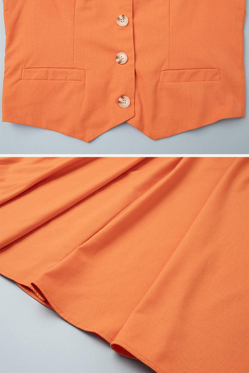 Cotton-linen blend Mediterranean sunset orange two-piece vest and flowing skirt set close-up details