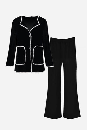 Black contrast-trim knit cardigan and pants set with pockets and button-front closure