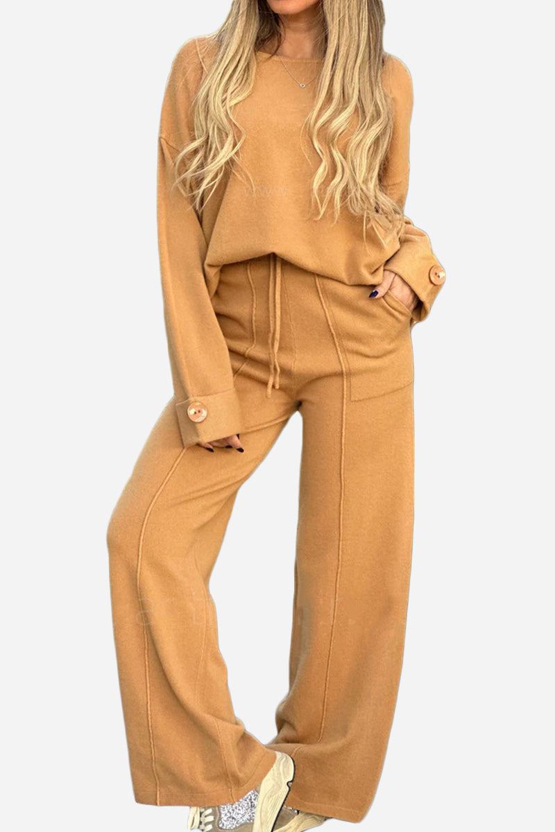 Comfortable camel toned two-piece set with wide-leg pants and button-cuff sweater for travel and casual wear