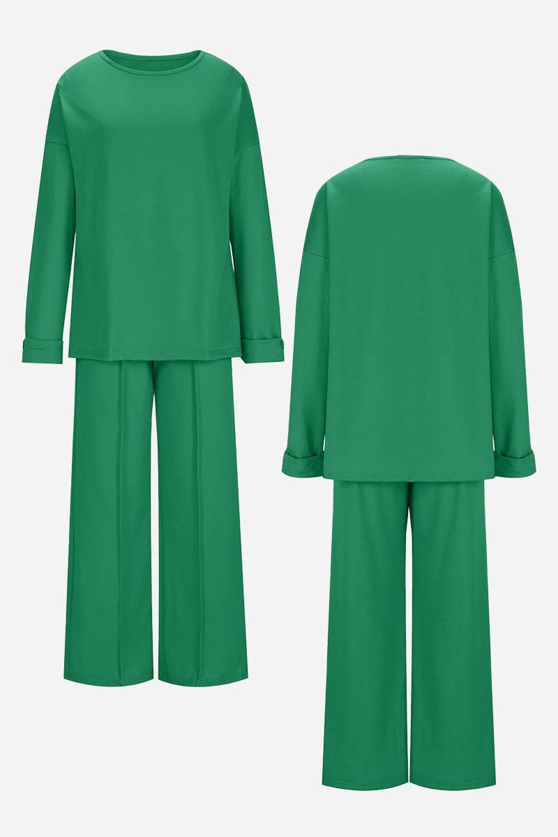 Green relaxed fit two-piece set with wide-leg pants and long sleeve top shown from front and back.