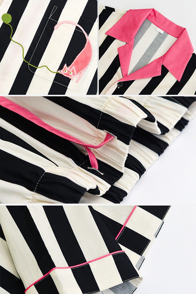 Premium moisture-wicking cotton-tencel striped pajama set with pink collar and trim details