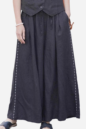 100 linen one size fits all wide-leg black linen pants with elastic waist and side detailing