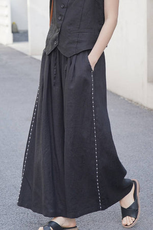 100% linen wide-leg black pants one size fits all breathable comfortable elastic waist