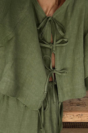 100 cotton long-sleeve crop top and maxi skirt set with tie-front detail in olive green