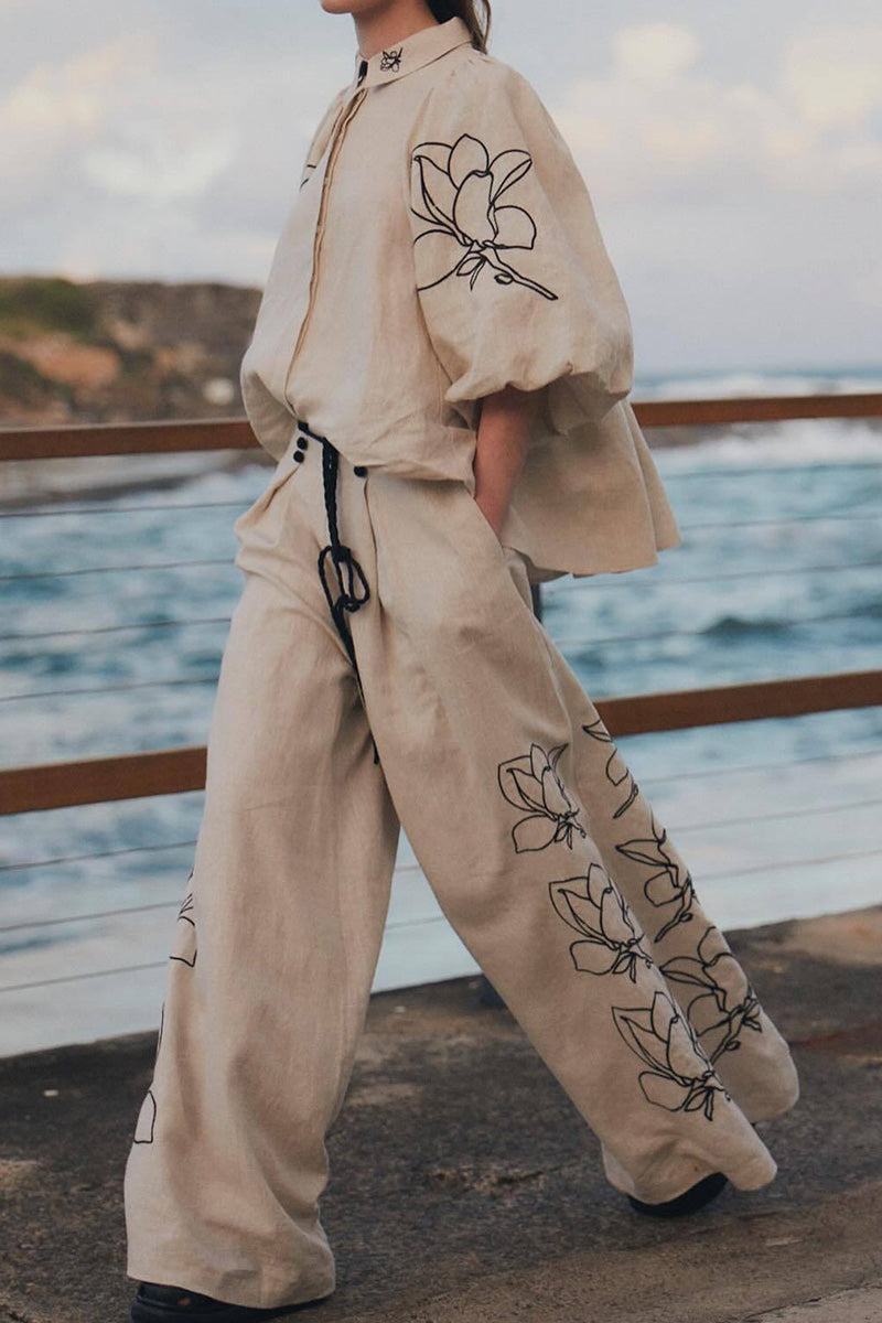 Dolce Vita Cotton Linen floral embroidered wide-leg pants and balloon sleeve top set in natural breathable fabric by the sea