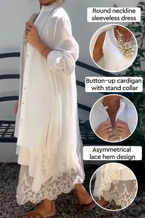 Woman wearing Villa Breeze Dress and Cardigan Set with round neckline sleeveless dress, button-up cardigan with stand collar, and asymmetrical lace hem design in white