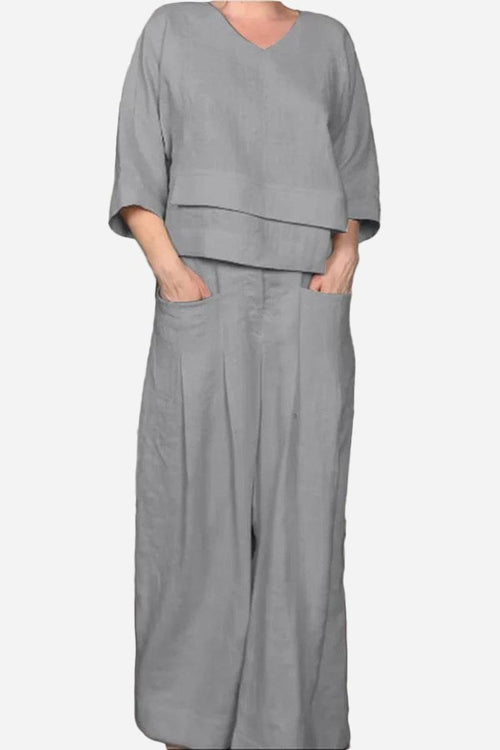 Atelier Serenity Layered Two-Piece Set with breathable fabric and relaxed wide-leg trousers in soft gray