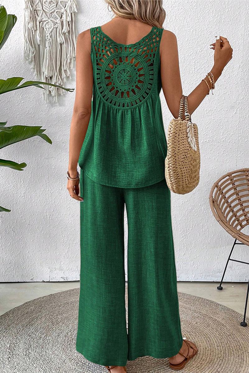 Woman wearing green Dreamcatcher Crochet-Back sleeveless top and wide-leg palazzo pants set