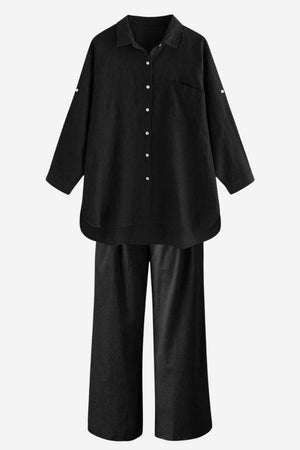 Black Linen Breeze Set with breathable linen-cotton blend shirt and high-waist pants for summer comfort and style