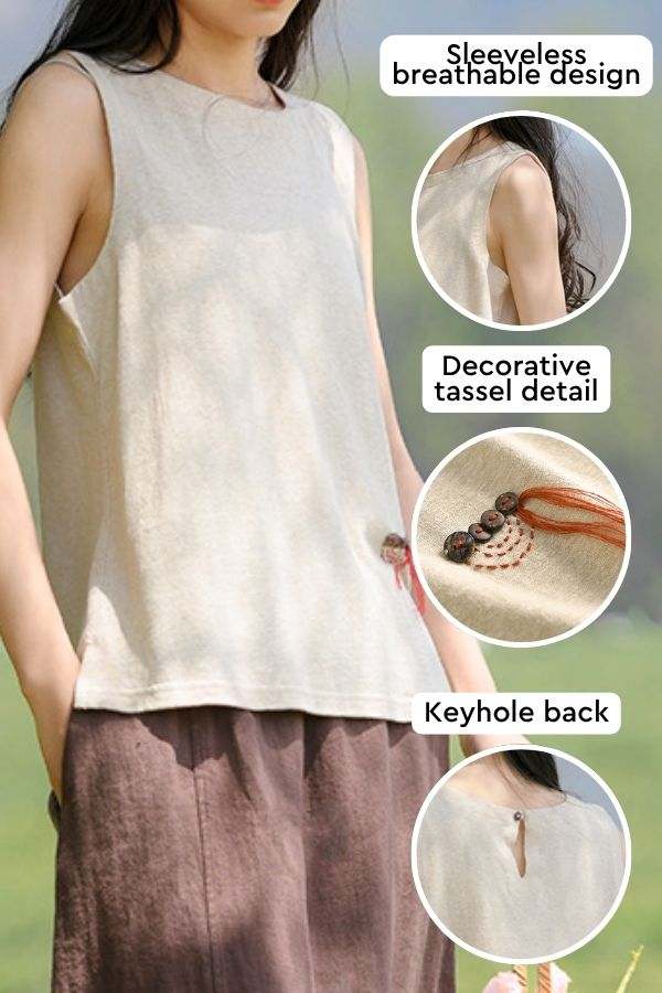 Dandelion Fields Cotton Linen sleeveless breathable top with tassel detail and keyhole back in natural soft fabric