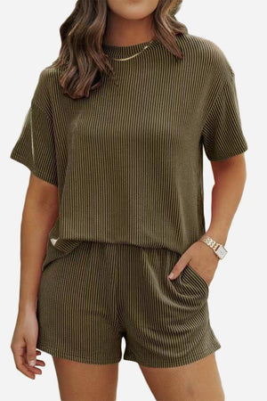 Women's relaxed fit ribbed polyester short sleeve top and shorts set for slow mornings in olive green