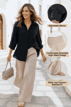 Woman wearing Oversized Linen Leaved-IN Set with black oversized linen-blend shirt and beige wide-leg palazzo pants walking outdoors