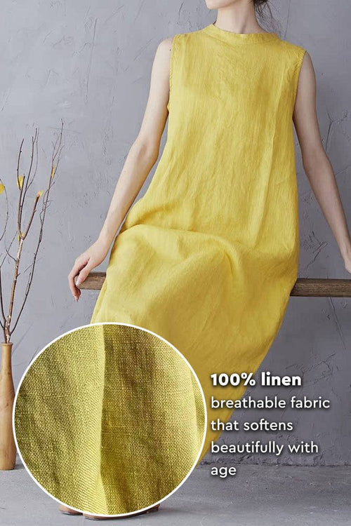 Sunrise Market 100 Linen Midi Dress breathable yellow sleeveless A-line linen fabric softens with age