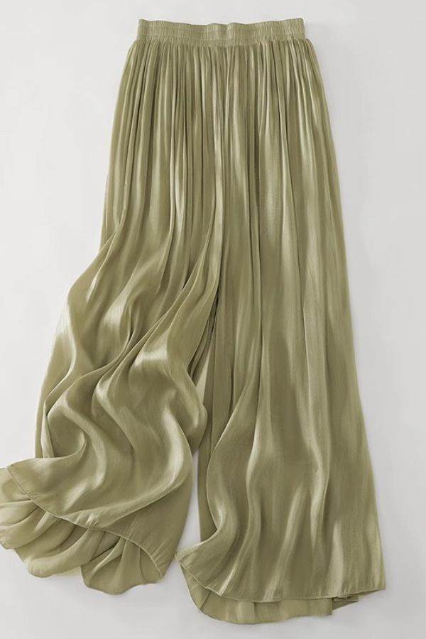 Garden Soirée cotton-silk blend wide-leg pleated trousers with elastic waistband in soft olive green