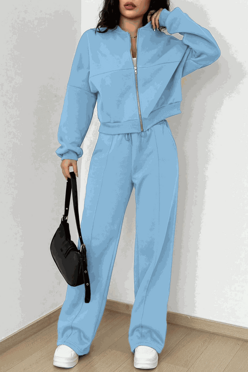 The Voyager Zip Set light blue zip-front sweatshirt and wide-leg joggers travel loungewear with pockets