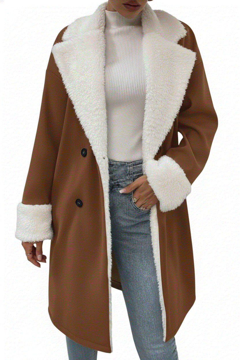 Nordic Warmth Shearling-Lined Coat brown with white faux shearling trim in stylish double-breasted design