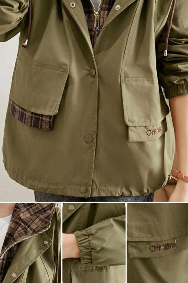 City Explorer Plaid Windbreaker olive green women's lightweight jacket with plaid lining, elastic cuffs, adjustable hood, and front flap pockets.
