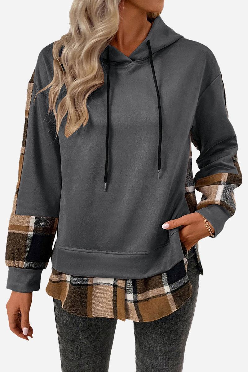 Women's Countryside Layered Hoodie with gray body and built-in brown plaid hem and cuffs, relaxed fit with drawstring hood.