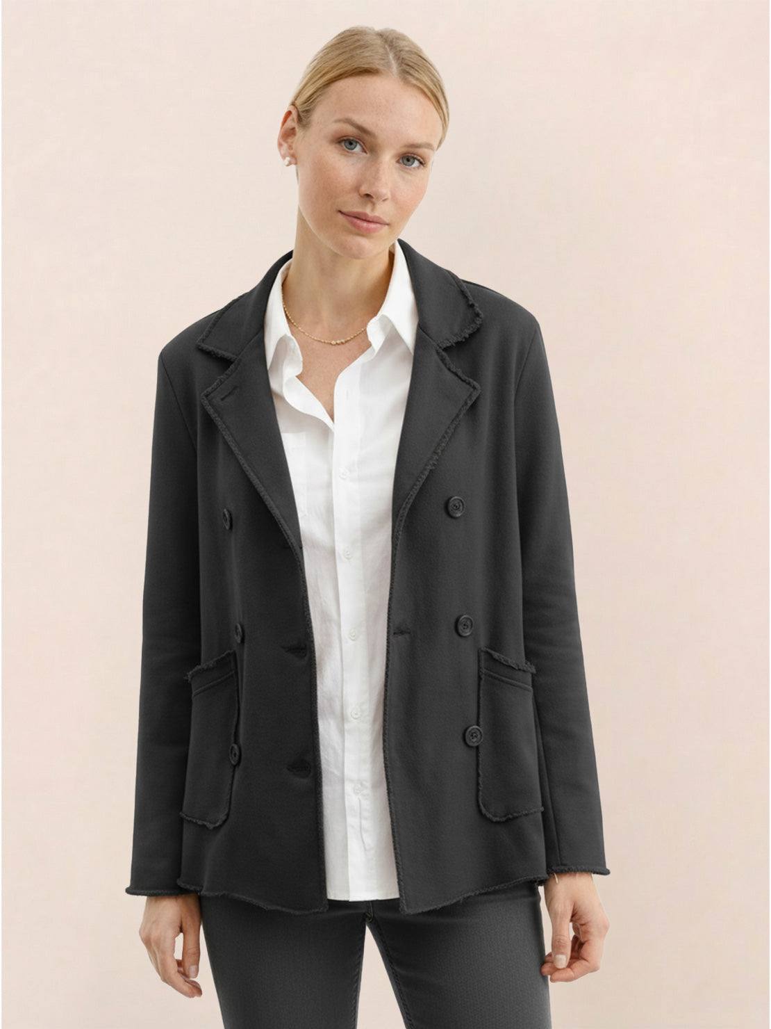 Modern double-breasted cotton-blend blazer with raw-edge seaming and patch pockets