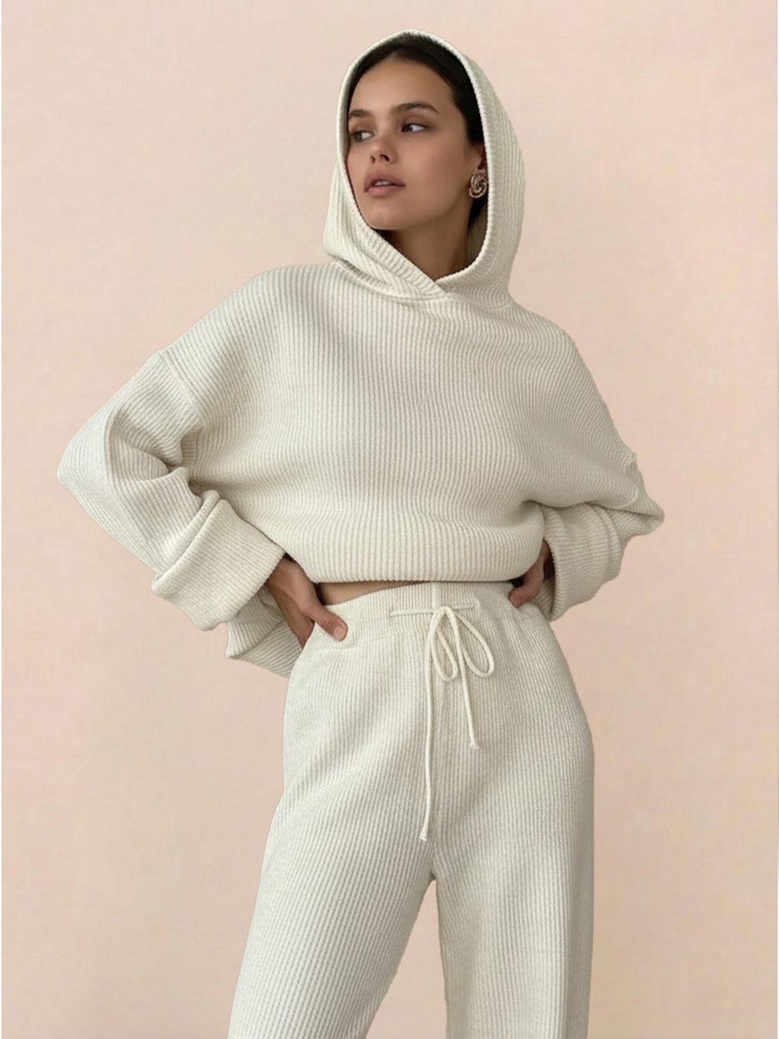 woman wearing cream waffle-knit two-piece hoodie and pants lounge set