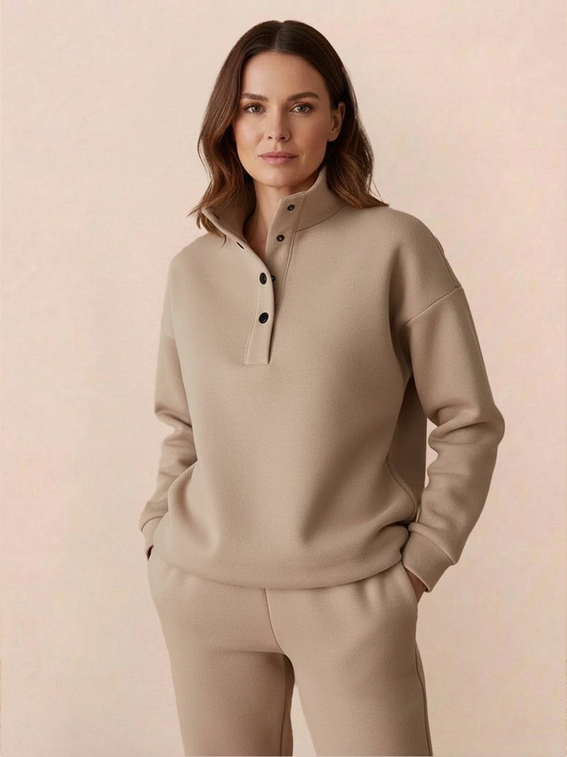 Woman wearing beige Warm & Easy Two-Piece Set with button-collar pullover and matching relaxed-fit pants