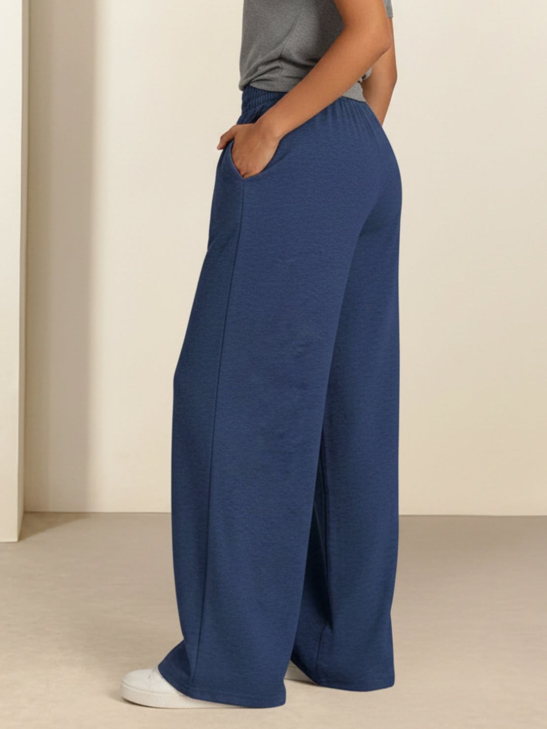 Soft knit wide-leg pants with breathable fabric and elastic drawstring waist