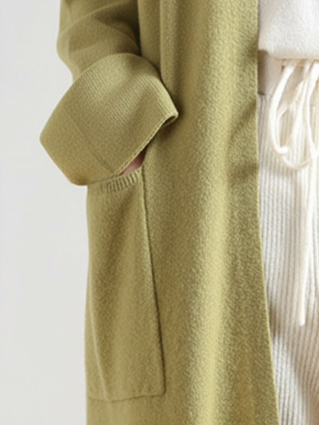 Long Australian Merino Wool cardigan with open front and patch pockets for layering