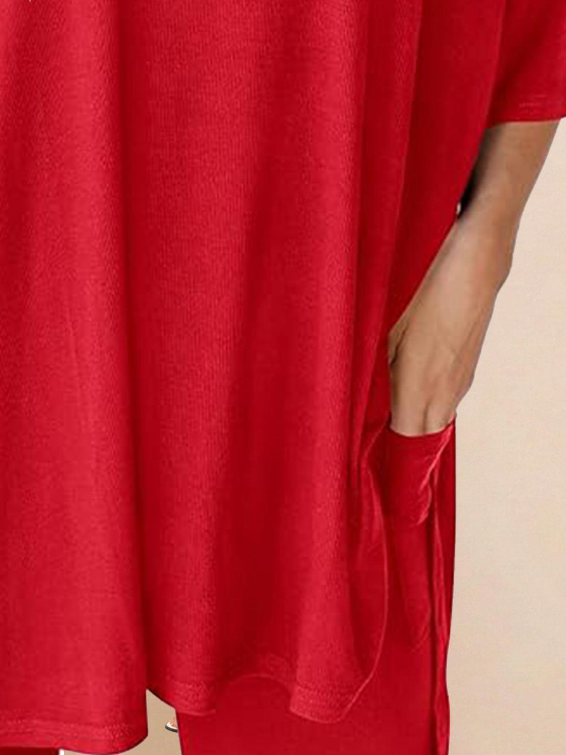 Oversized long-line loungewear set with pullover and wide-leg pants in soft knit fabric