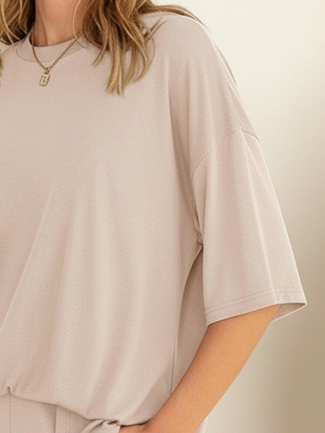 Oversized long-line loungewear set with pullover and straight-leg pants in soft knit fabric