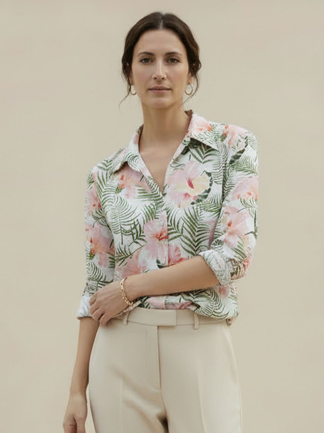 Floral button-down shirt with long roll-up sleeves and relaxed fit for casual and workwear