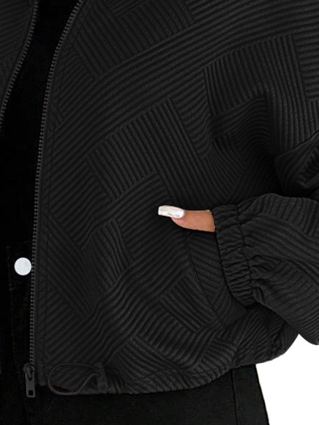 Cropped textured baseball jacket with full zipper and elastic cuffs for casual wear