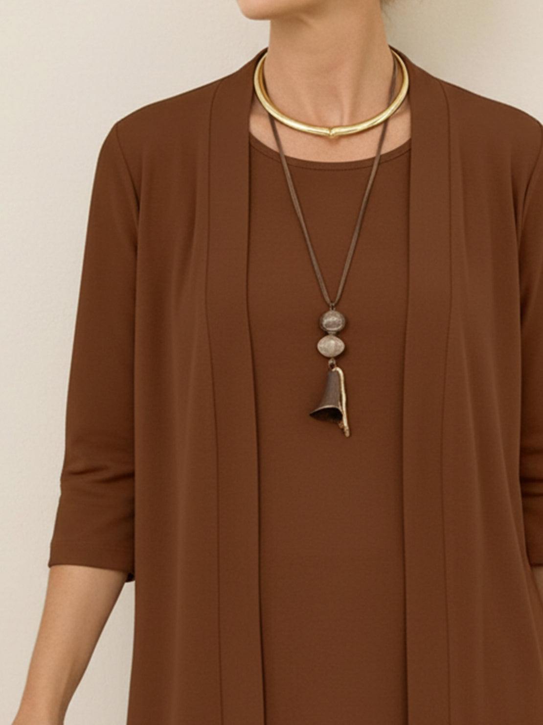 Open-front three-piece co-ord set with longline cardigan, round-neck tank, and wide-leg trousers in lightweight knit fabric