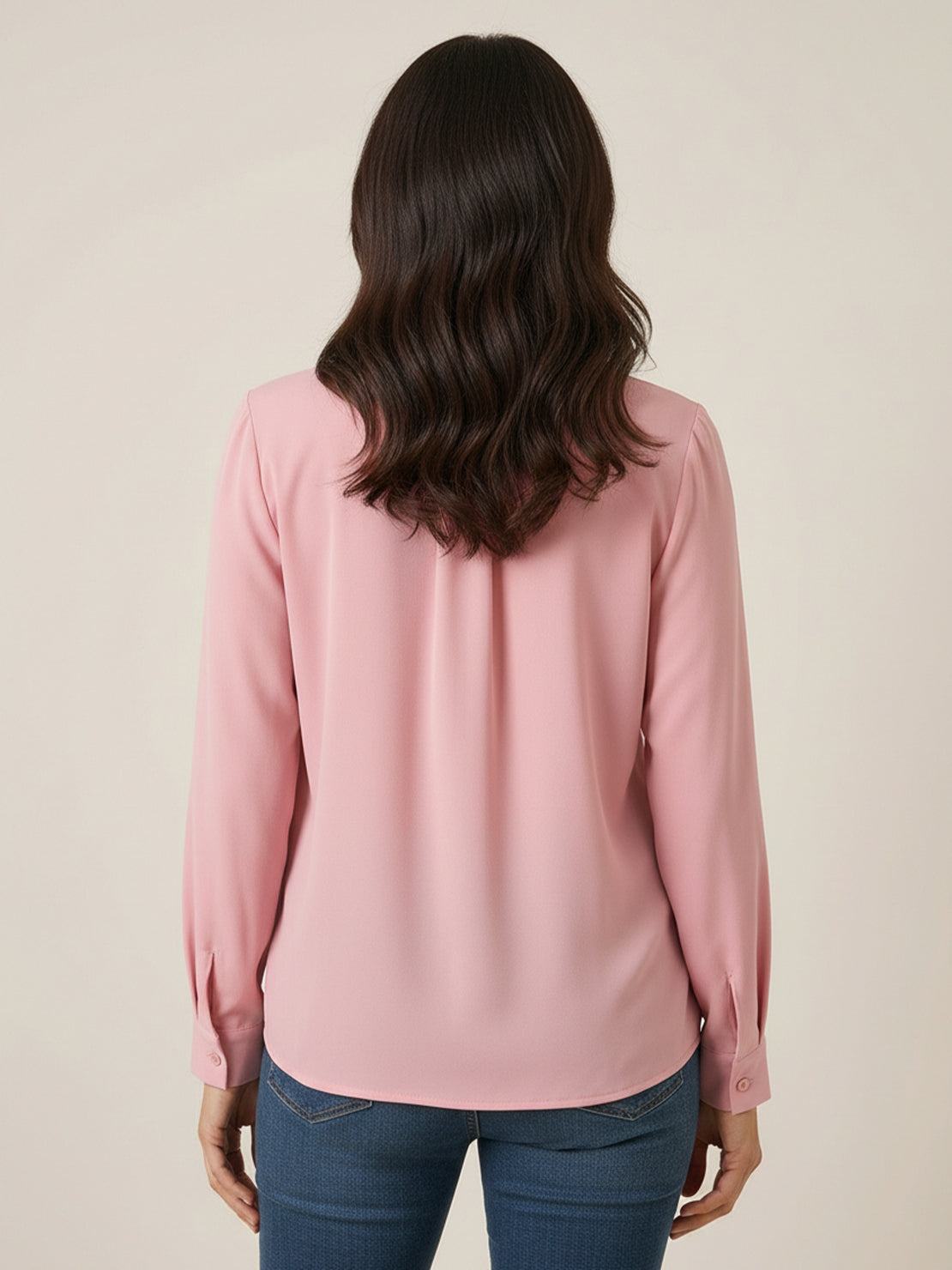 White pleated V-neck long-sleeve blouse with button cuffs and relaxed fit