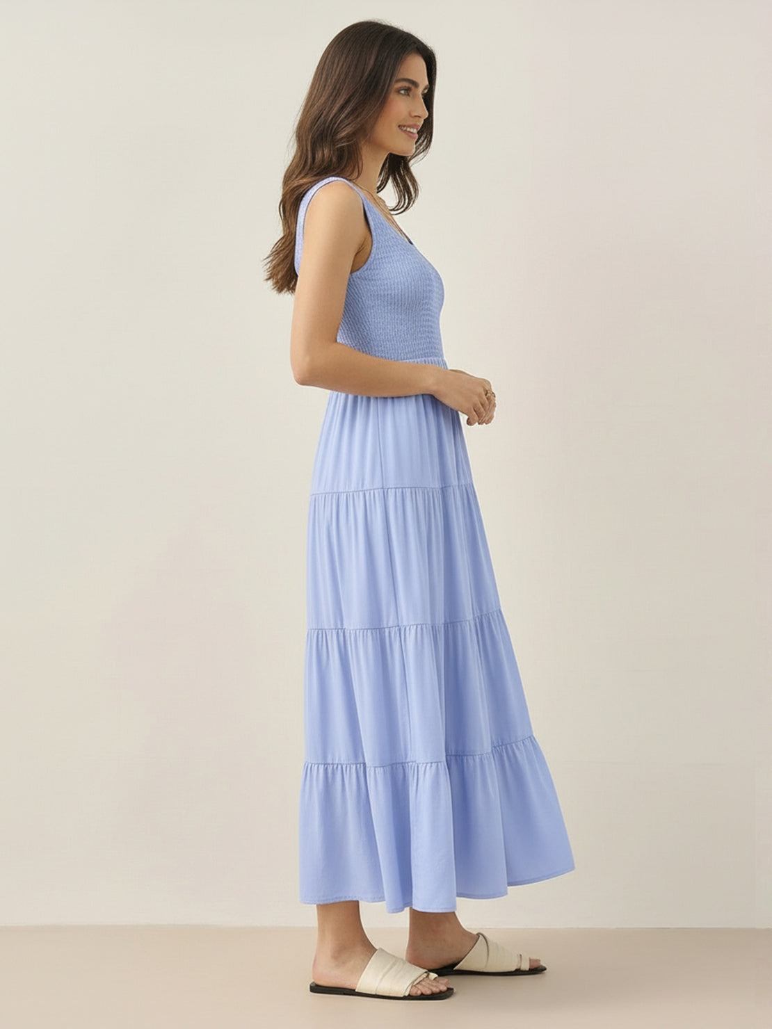 Smocked sleeveless maxi dress with tiered skirt and scoop neckline in lightweight fabric
