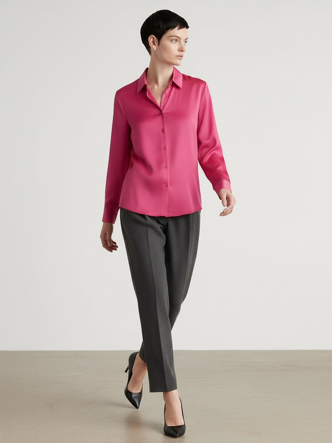 silk-finish button front shirt with traditional collar and relaxed fit
