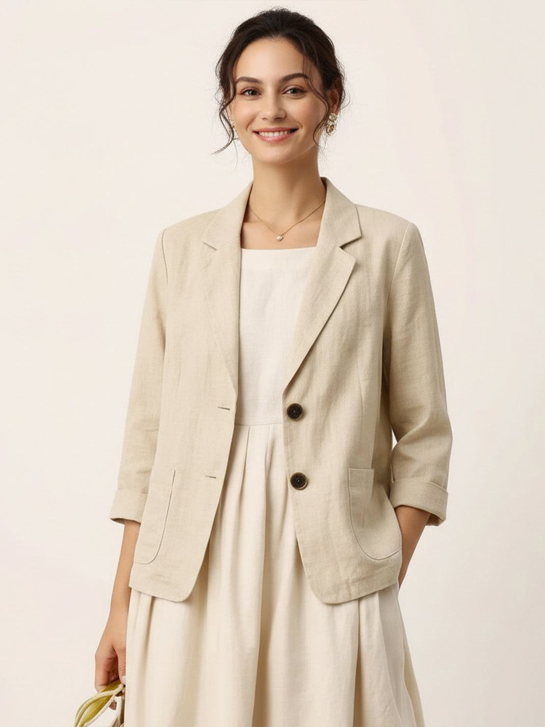Cotton-linen blazer with notch lapels and two-button front in natural textured fabric