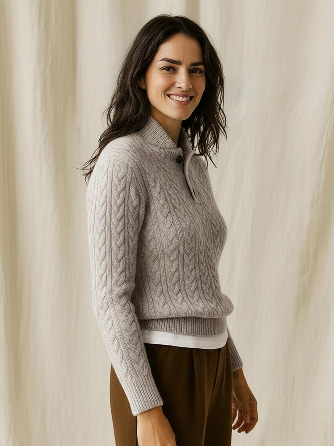 100% wool cable-knit sweater with slim fit and stand collar button placket