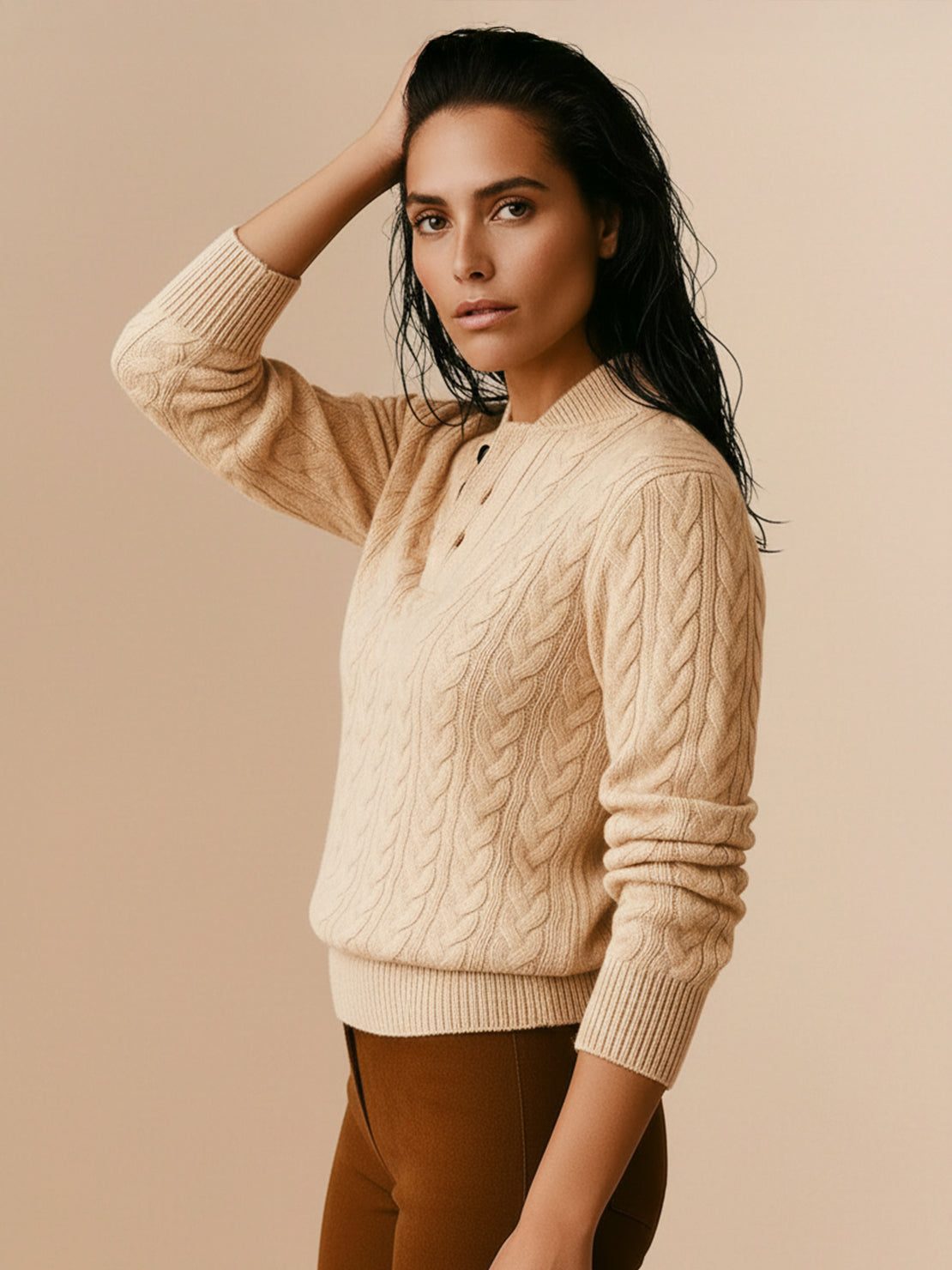 Slim-fit 100% wool cable-knit sweater with stand collar and three-button placket