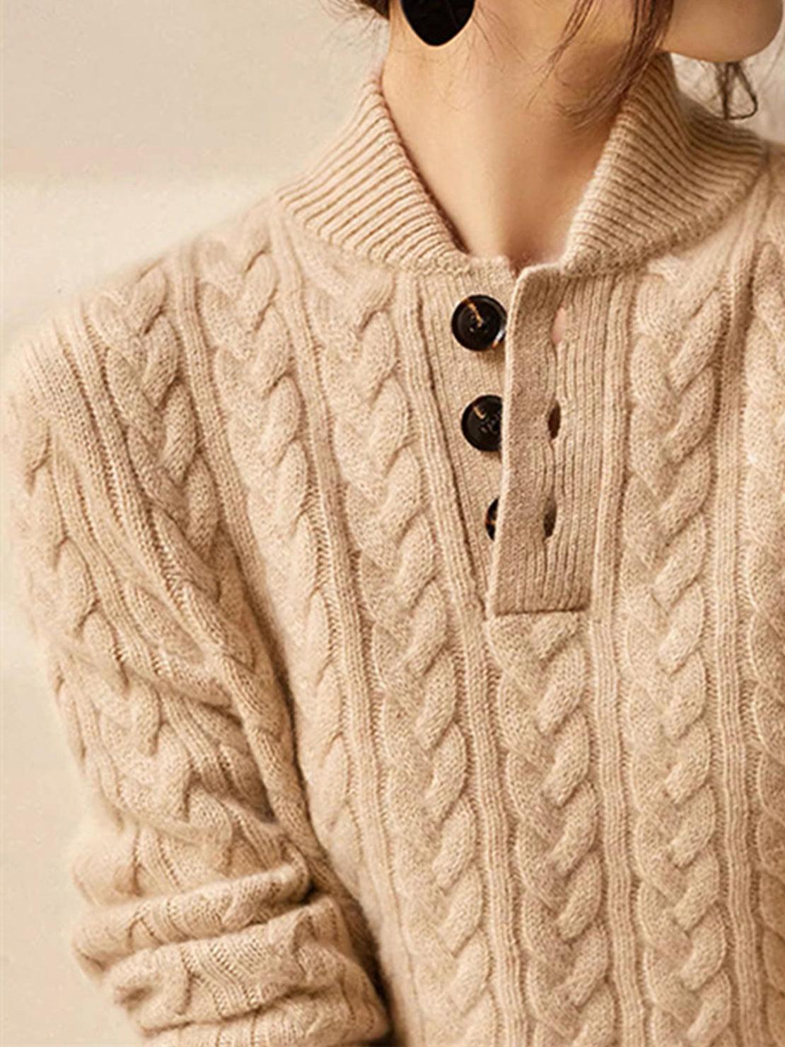 100% wool cable-knit sweater with stand collar and slim fit