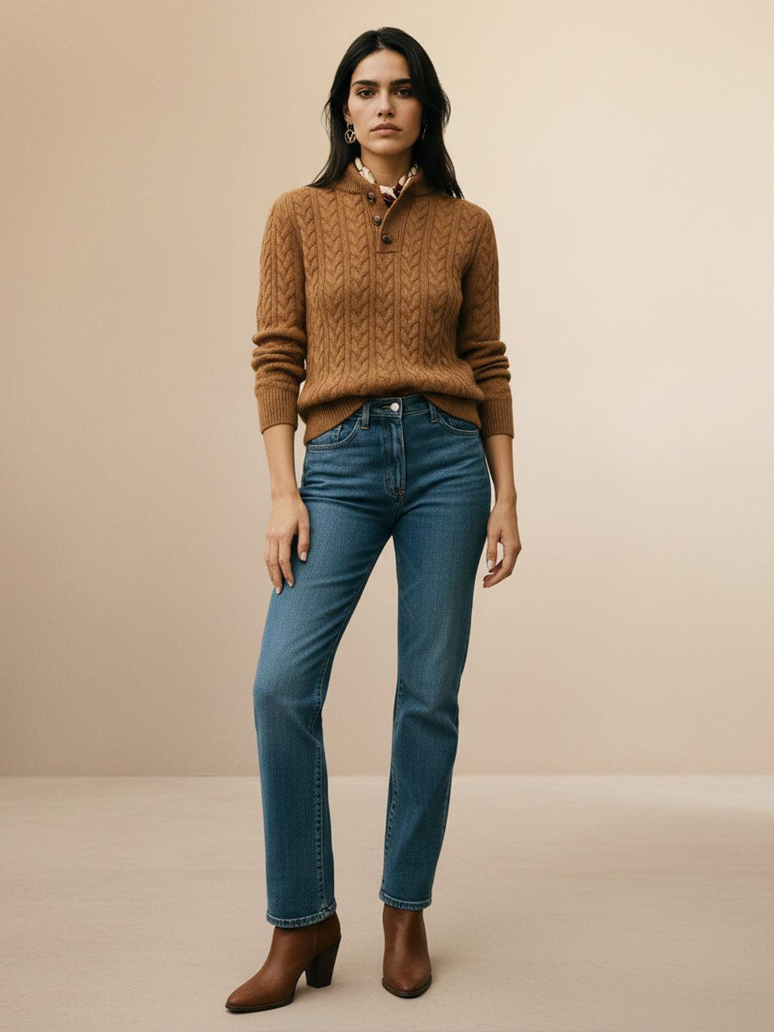 Slim-fit 100% wool cable-knit sweater with stand collar and ribbed cuffs, medium-weight and soft texture