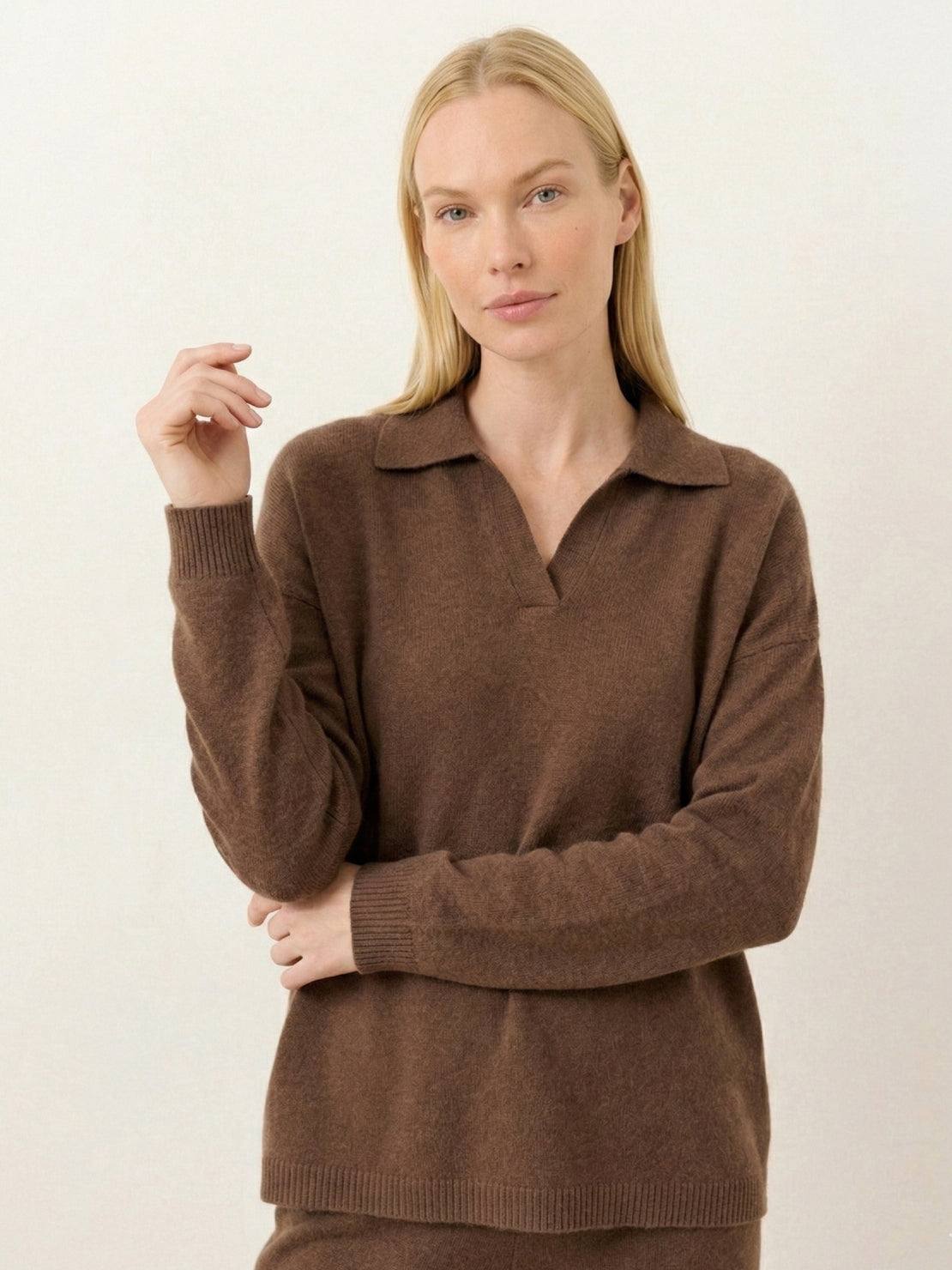 Woman wearing oversized polo knit loungewear set with soft collar and straight-leg pants in neutral tone