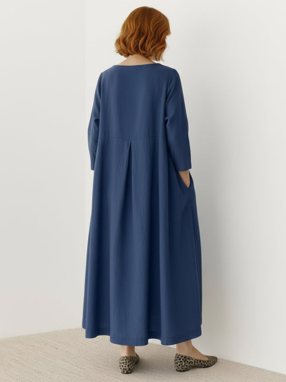 Maxi cotton-linen empire waist dress with 3/4 sleeves and deep pockets in natural crinkle texture