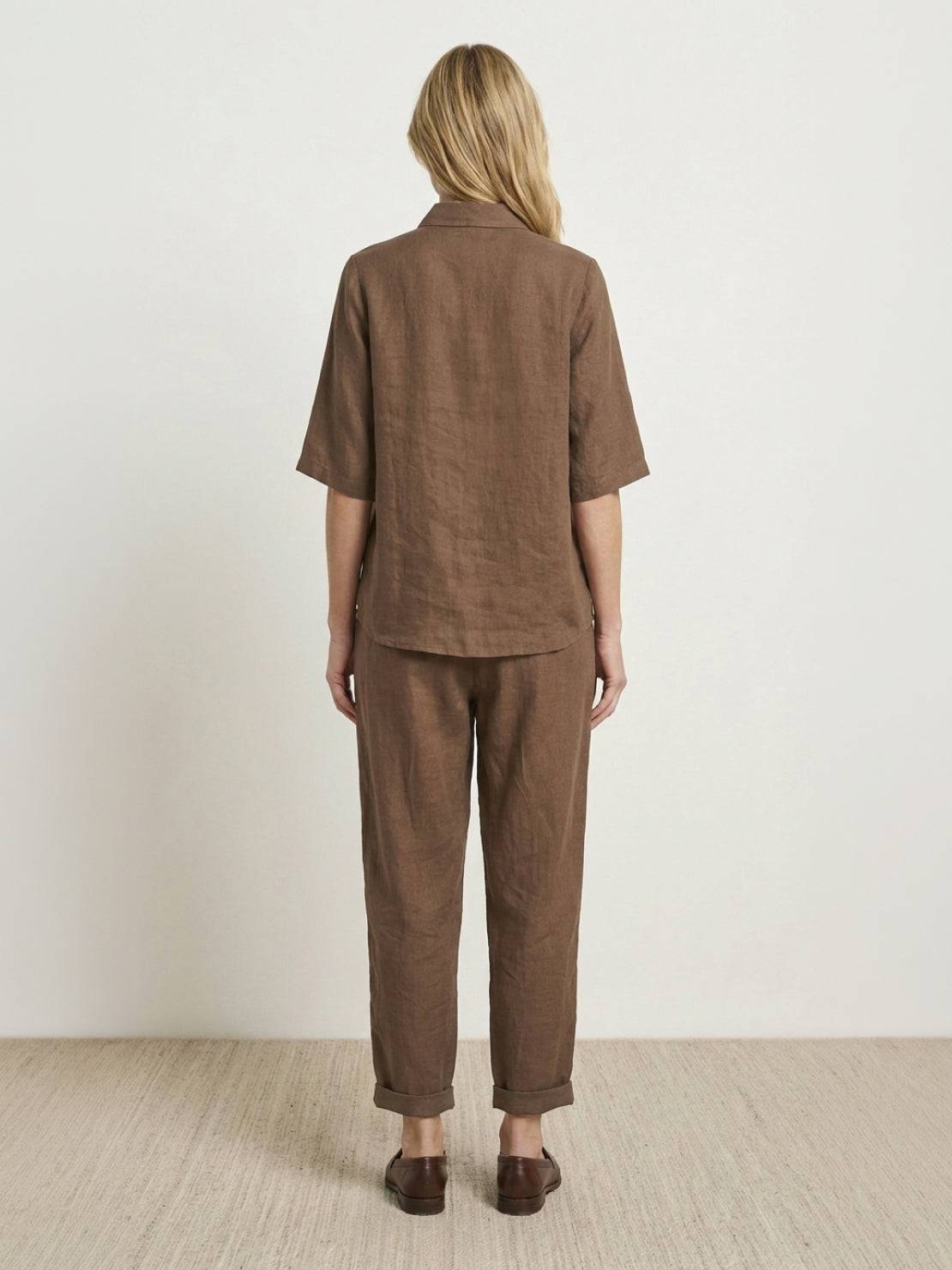 100% cotton two-piece artisan set with oversized button-front shirt and wide-leg cropped pants