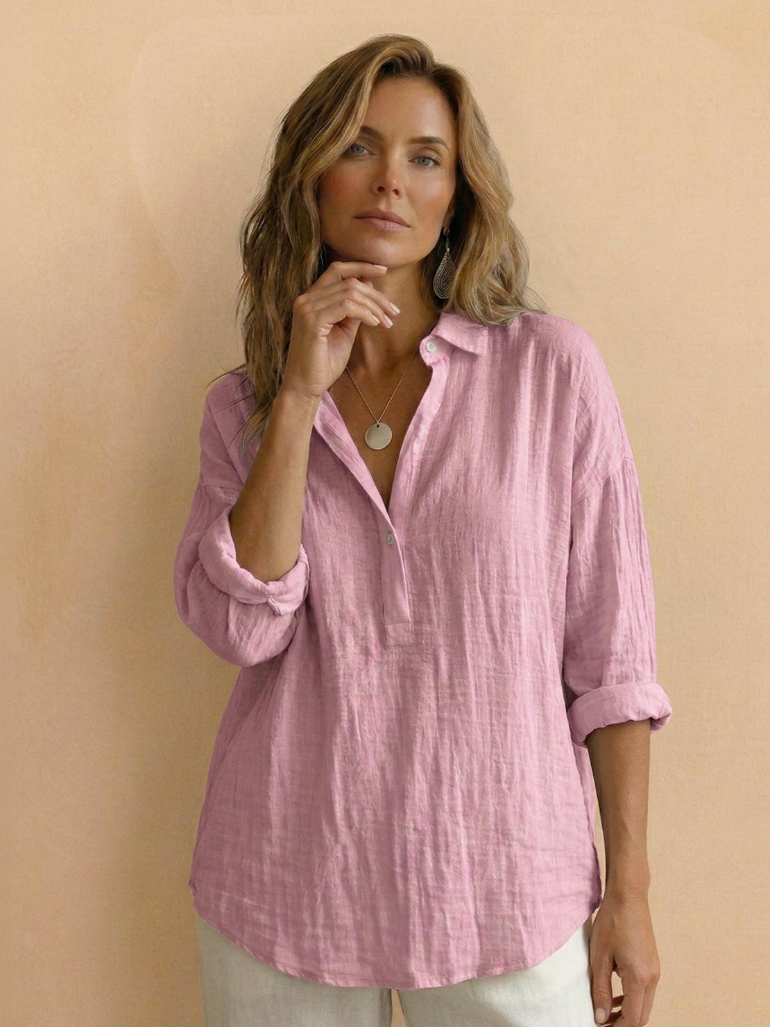 Lightweight 100% cotton popover blouse with relaxed fit and classic collar