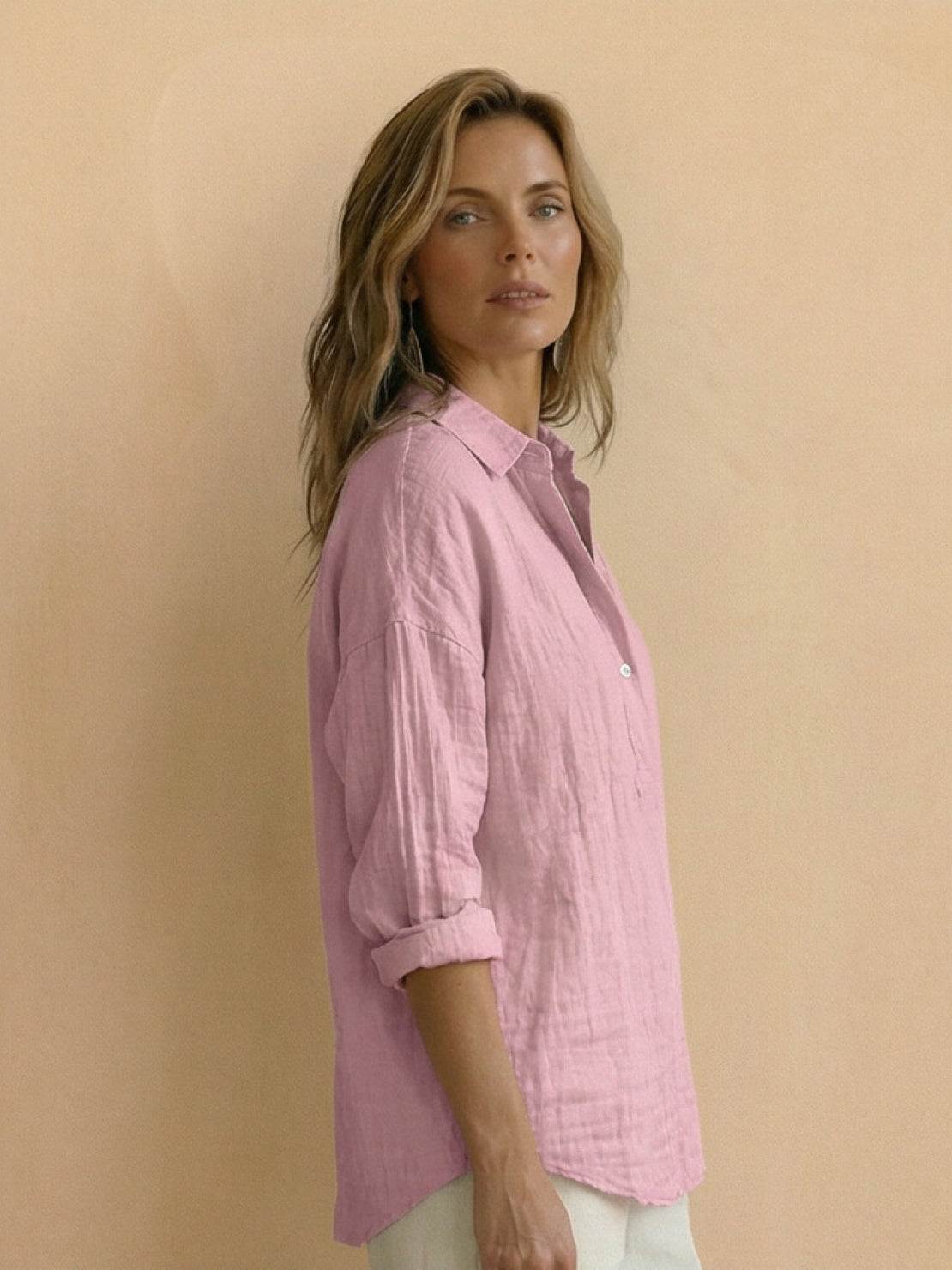 Lightweight 100% cotton popover blouse with relaxed oversized fit and classic collar
